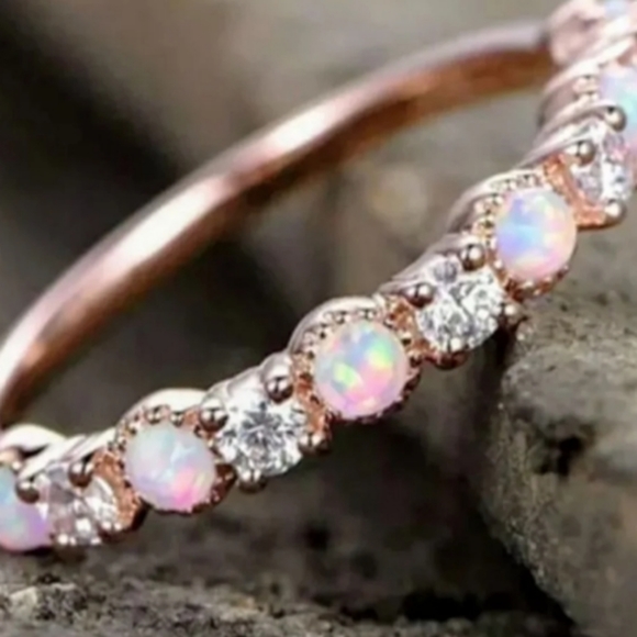 18k Rose Gold Fire Opal Diamond Eternity Ring - Picture 5 of 5